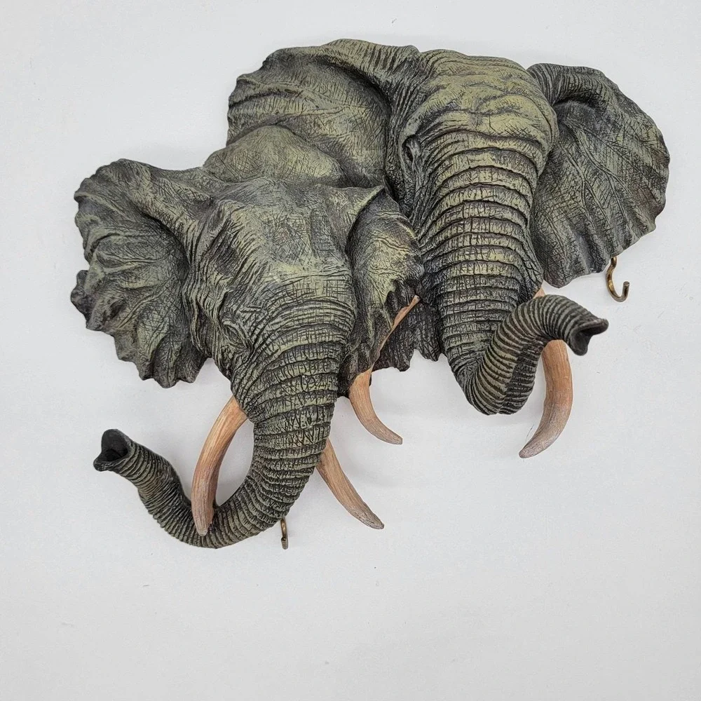 Elephant Head Wall Hanging Statue Key Hanger 3D Resin Life Like EUC